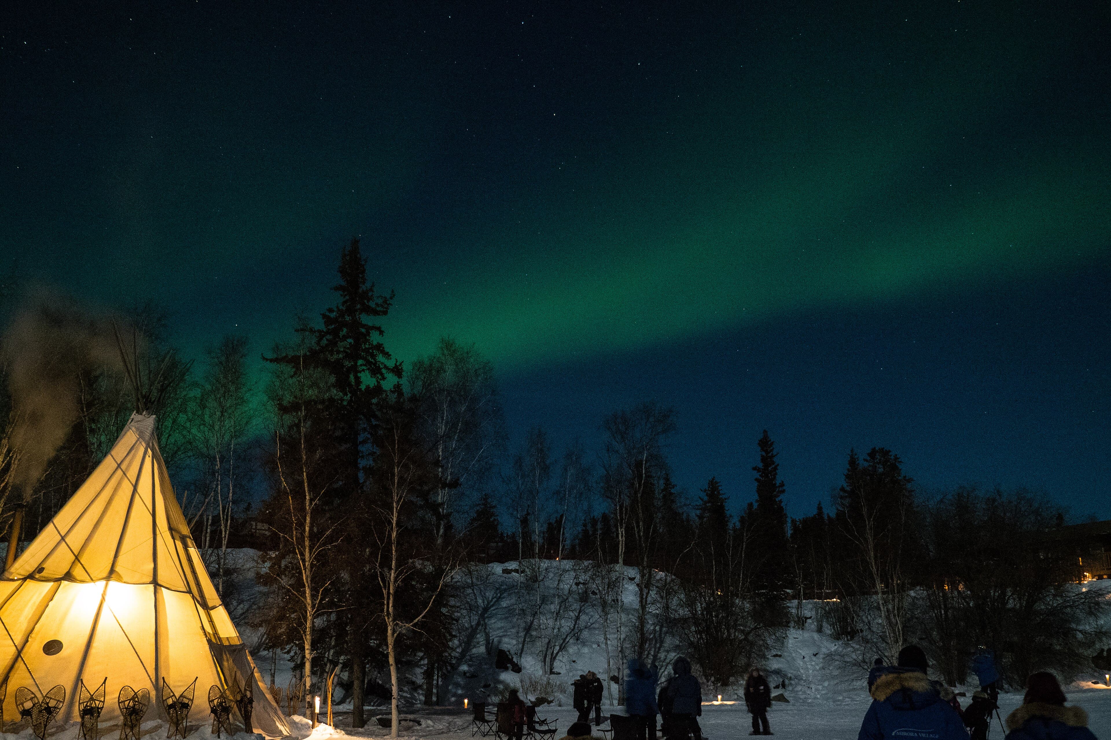 Aurora above trees and an illuminated tent near Yellowknife